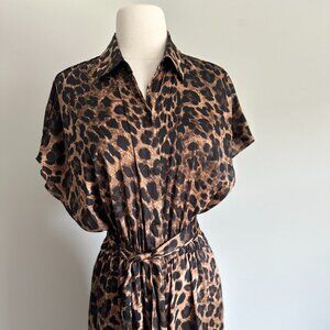Michael Kors Leopard Print Jumpsuit Wide Leg Waist Tie Women’s